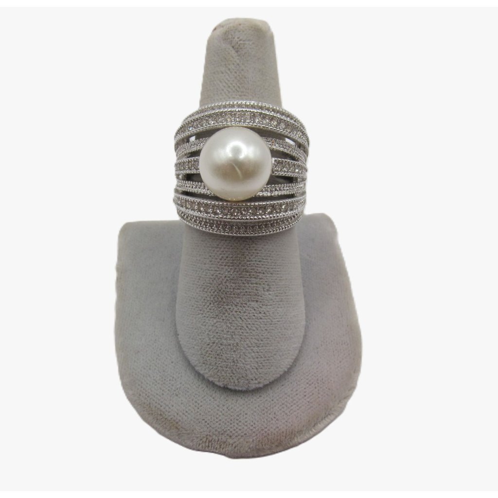 Faux Pearl 7 Tier Band Rhinestone Cocktail Ring Signed Nvc